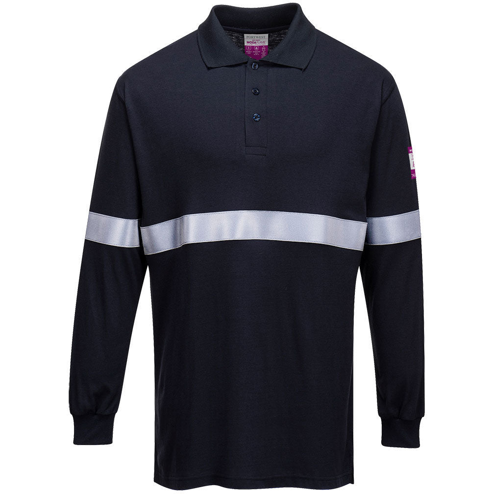 Portwest Flame Resistant Anti-Static Long Sleeve Polo Shirt with Reflective Tape